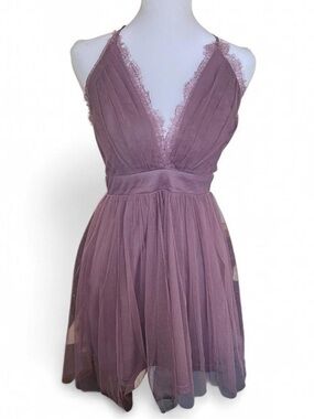 Windsor Dusty Mauve Lace-Trim V-Neck Mini Dress